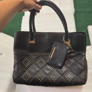 Steve Madden Black Quilted Leather Tote Bag with Gold Accents